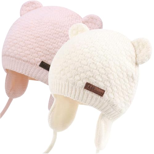 Duoyeree Baby Winter Hat, Bear Knit Earflaps Cotton Lined for Toddler Kids - color: Bear White and Pink, size: 12-18 Months