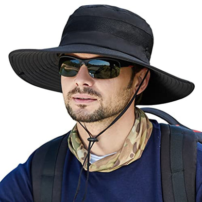 Muryobao Men's Boonie Hat UPF 50+ Summer Sun Hat UV Protection Wide Brim Waterproof Bucket Hat for Beach Fishing Cap - color: Black