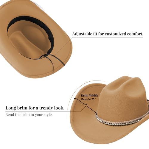 Cowboy Hats for Women and Men with Wide Brim Felt Western Hats for Cowgirls and Cowboys - color: Camel