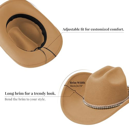 Cowboy Hats for Women and Men with Wide Brim Felt Western Hats for Cowgirls and Cowboys - color: Camel