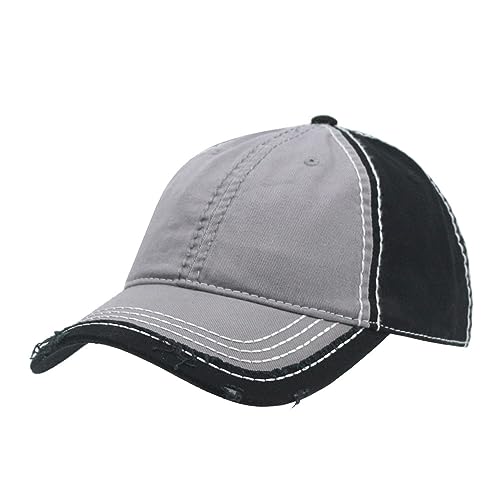 Washed Cotton Distressed with Heavy Stitching Adjustable Baseball Cap - color: Gray/Gray/Black