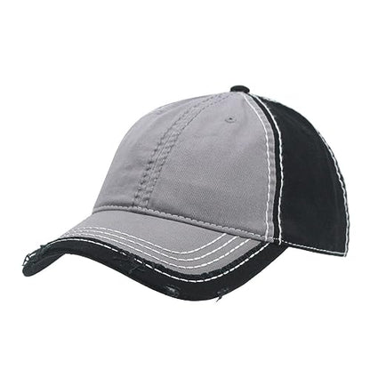 Washed Cotton Distressed with Heavy Stitching Adjustable Baseball Cap - color: Gray/Gray/Black