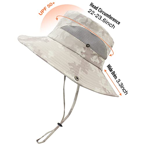 Sun Hats for Men Women UPF 50+ Wide Brim Bucket Hat Waterproof Packable Cowboy Hat for Fishing Beach Safari Gardening Golf - color: Camo Beige