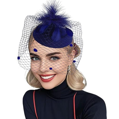 Fascinator Hats for Women Tea Party Veil Feather Fancy Pillbox Hat 20s 50s - color: Navy