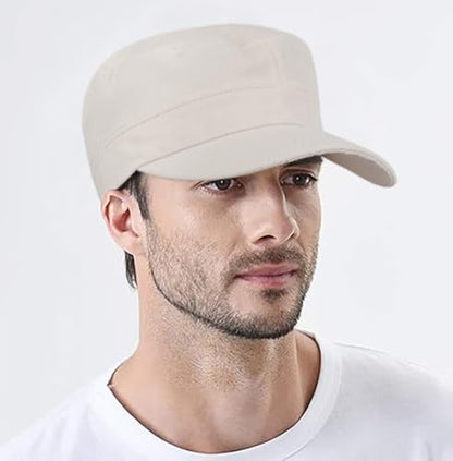 Washed Cotton Flat Top Military Cap for Unisex - color: Beige