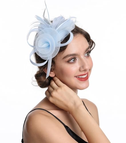 SAFERIN Women's Fascinators Feathers Tea Party Hat Veil Headband with Hair Clip for Cocktail Church - color: M-light Blue