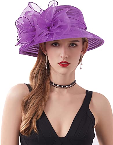 Women's Kentucky Derby Church Dress Hat Wide Brim Leaf Flower Bridal Shower Hat - color: 01 Purple