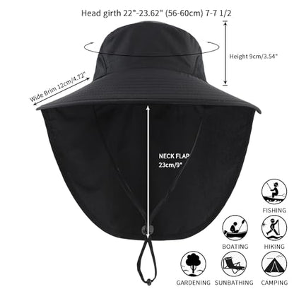 Home Prefer Outdoor UPF50+ Sun Hat Wide Brim Mesh Fishing Hat with Neck Flap - color: Black