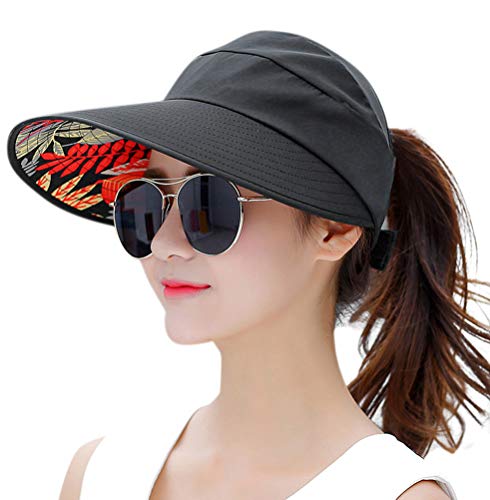 Sun Hats for Women Wide Brim UV Protection Sun Hat Summer Beach Packable Visor - color: Black