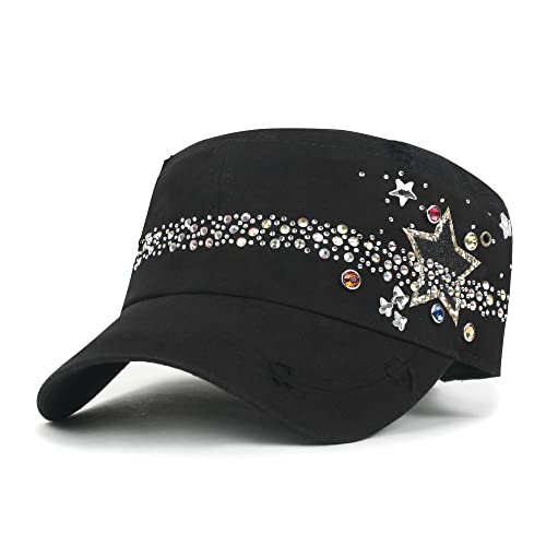 ililily Rhinestone Cotton Cadet Cap Vintage Distressed Cotton Military Army Hat - color: Black_star Lined