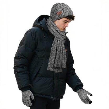 Winter Scarf for Men, 3 PCS Fleece Beanie Hat and Gloves Set - color: Blended Light Grey Set