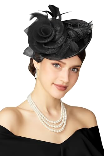 BABEYOND Fascinators Hats for Women Tea Party Mesh Flower Pillbox Derby Hat - color: Black