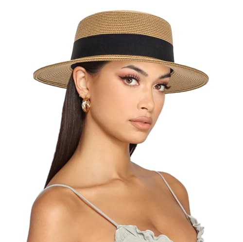 Straw Boater Summer Sun Hat - Wide Brim Fedora Panama Beach Hat for Women - color: Khaki10