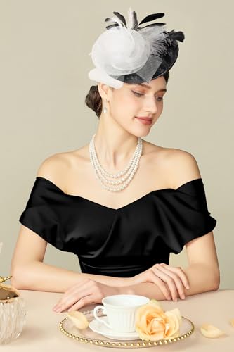 BABEYOND Fascinators Hats for Women Tea Party Mesh Flower Pillbox Derby Hat - color: Black White