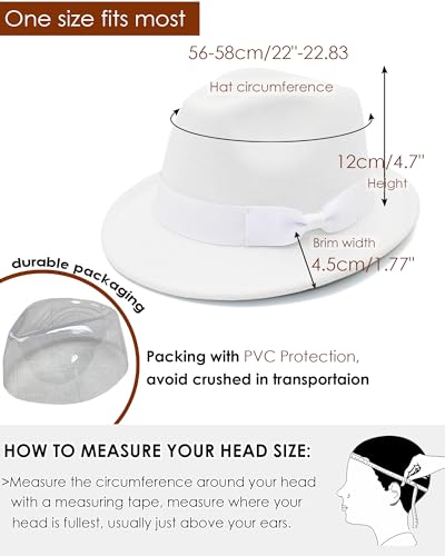 Fedora Hats for Men Women 1920s Short Brim Felt Trilby Hat - color: White