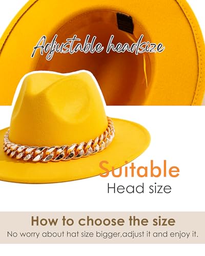 Men & Women Wide Brim Fedora Hat with Chain Buckle - color: Chain Belt-yellow