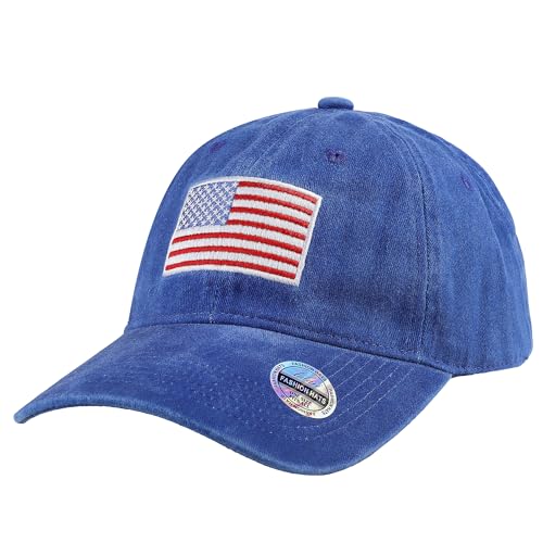 Falari USA Flag Embroidered Baseball Cap, Low Profile Adjustable Dad Hat, 100% Cotton, Pre-Washed - color: Royal Blue