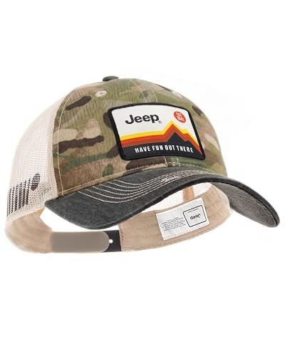 Jeep Have Fun Out There Patch Garment Washed Trucker Hat Unstructured for Men & Women - Adjustable Snapback Baseball Cap - color: Camo