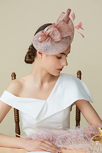 BABEYOND Fascinators Hats for Women Tea Party Glitter Pillbox Hat Derby Hat - color: B-nude Pink