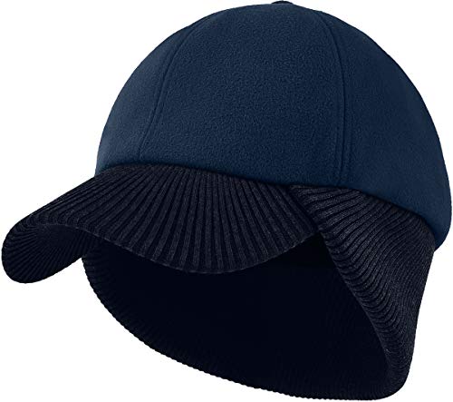 LCZTN Wool Winter Baseball Cap with Warmer Earflap for Men ＆ Women Outdoor Ski Visor Beanie Hat - color: Navy Blue