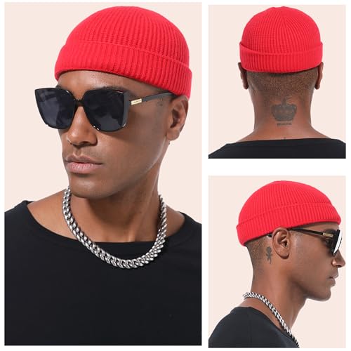 Thin Wool Fisherman Beanie Hat Unisex Cuffed Trawler Skull Cap - color: 1 Red
