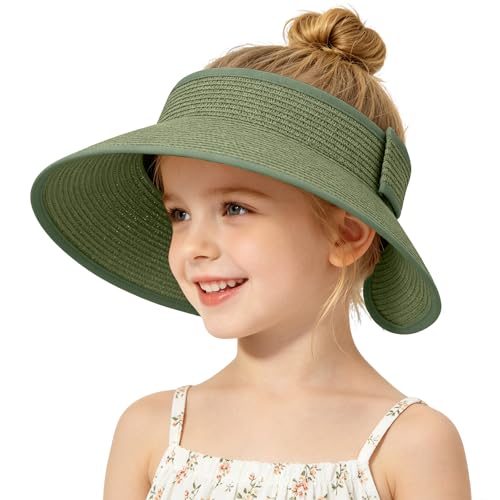 Girls Sun Visor Hat with Ponytail Hole Wide Brim Beach Straw Visor UPF 50+ - color: 1pack-grayish Green