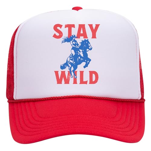 Stay Wild Trucker Hat | Vintage Cowboy Cowgirl Western Funny | Premium Mesh Foam Snapback Hat for Men & Women - color: Red/White