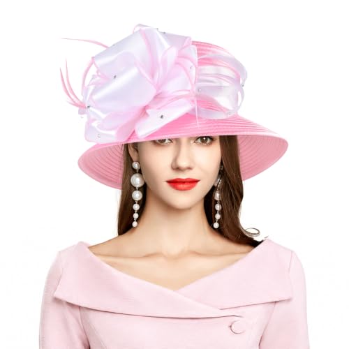 2026 Bucket Hats for Women Ladies Girls, Autumn Winter Fascinator Hat for Derby Kentucky Church Bridal UV Protection - color: A-4585b-pink/White