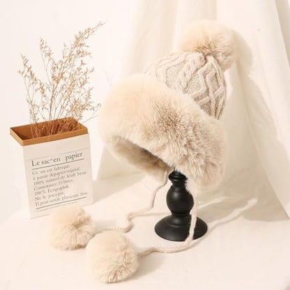Winter Pompom Beanie Hats for Women Fluffy Knit Skull Cap Womens Faux Fur Crochet Warm Bucket Outdoor Ear Cover - color: Khaki
