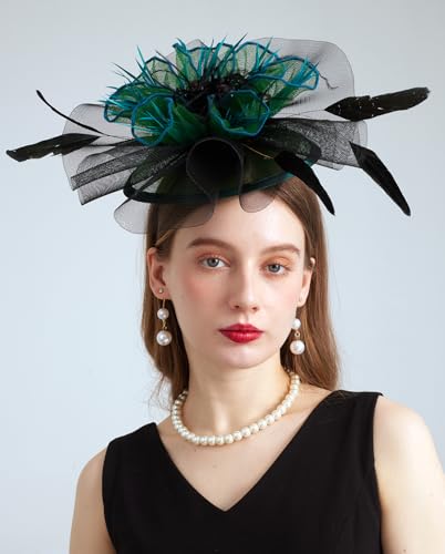 Women Organza Derby Hat Fascinator Tea Party Wedding Church Derby Hat Fascinator Hats Dual-use - color: 02b Dark Green