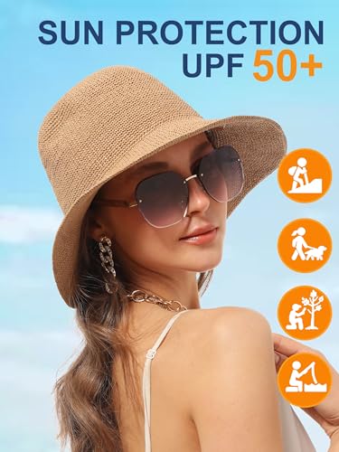 Womens Sun Hat Handmade Foldable Straw Bucket Hat Summer Crochet Travel Cap - color: Khaki, size: Small