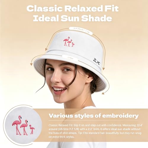 ZLYC Cotton Bucket Hat for Women Men Embroidered Packable Summer Sun Cap - color: White Flamingo