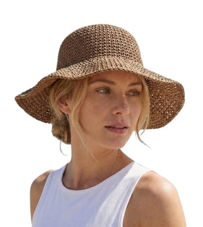 Straw Beach Hats for Women Summer Wide Brim Floppy Packable Foldable Bucket Sun Hat Travel Vacation UV Protection - color: Khaki