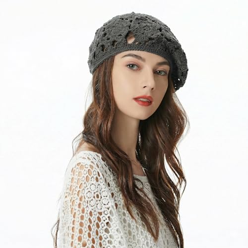 ZLYC Women Cotton Slouchy Crochet Beret Handmade Cutout Floral Beanie Hat - color: Floral Gray