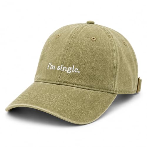 I'm Single Funny Embroidered Baseball Cap, Washed Cotton Adjustable for Women Men, Vintage Casual Cap, Statement Gift - color: Olive Green