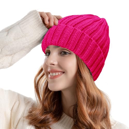 ZOORON 1&2 Winter Beanie for Women Soft Warm Slouchy Knit Hat Ski Stocking Cuffed Cap - color: Rose Red