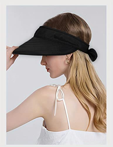 Womens Large Brim Sun Hat Uv Protection 2 in 1 Zip-Off Sun Protection Visor Beach Hat Packbale Foldable - color: Black