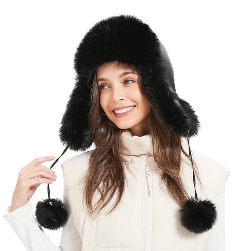 Winter Trapper Hat for Women Warm Faux Fur and Leather Windproof Full Hood Earflap Beanies - color: Black2 Pompom
