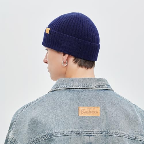 100% Merino Wool Fisherman Beanie Hat, Unisex Warm Winter Hats, Soft Breathable Knitted Short Cuffed Cap - color: Dark Blue