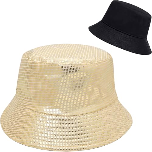 Shiny Metallic Bucket Hat Reversible Beach Fisherman Hats for Women Men - color: Gold a