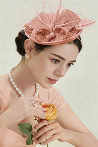 BABEYOND Fascinators Hats for Women Tea Party Pillbox Sinamay Derby Hat - color: Nude Pink