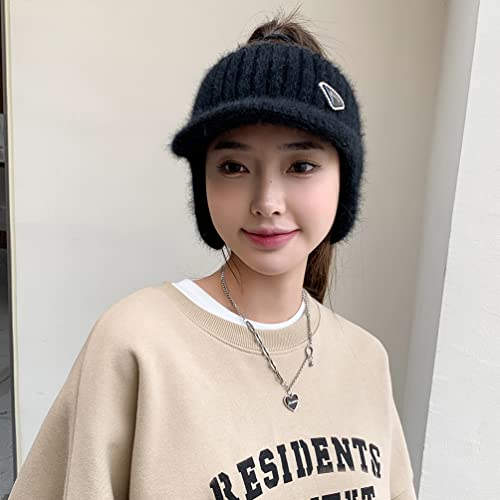 Open Beanie with Earflaps Visor Brim Bun Ponytail Winter Golf Tennis Hats Women - color: Black