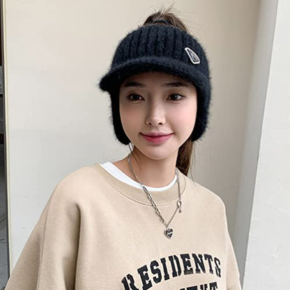Open Beanie with Earflaps Visor Brim Bun Ponytail Winter Golf Tennis Hats Women - color: Black
