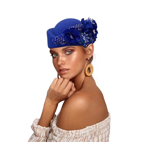 Beret Hats for Women British Felt hat Women's Church Derby Headdress Women's Floral hat Suitable for Wedding Parties Events - color: Royal Blue