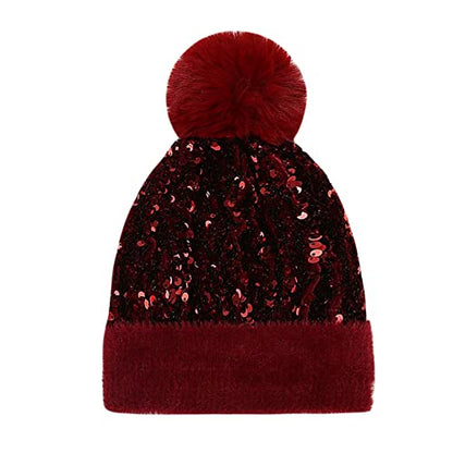 Women Sparkly Sequins Knitted Beanie Hat Warm Winter Skull Cap with Faux Fur Pom Pom - color: Wine Red