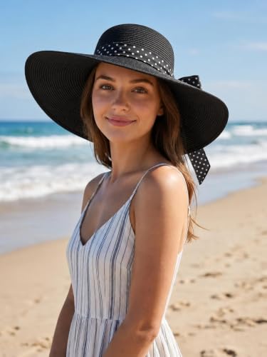 Sun Beach Straw Hats for Women, Summer Wide Brim Hat - color: Black, size: Large
