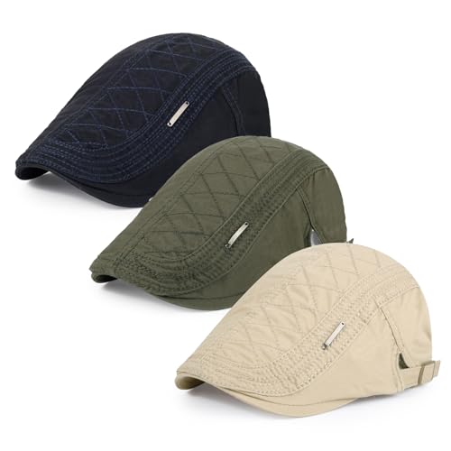 3Pcs Cotton Newsboy Hat for Men Cool Adjustable Flat Cap - color: Jcx-navy+green+beige