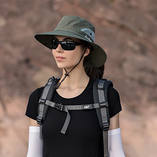 IYEBRAO 2 Pack Womens Ponytail Sun Hat UV Protection Bucket Hats Foldable Wide Brim Summer Boonie Beach Cap Fishing Hiking… - color: Pure Beige & Army Green