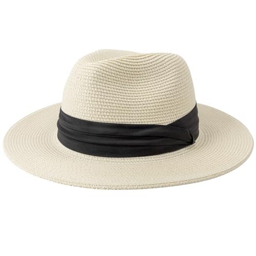 AQOKKA Summer Straw Fedora Hat for Women Men Travel Panama Hat with Wide Brim Roll Up Sun Hat for Beach Outdoor UPF 50+ - color: Milky White : 1 Pack