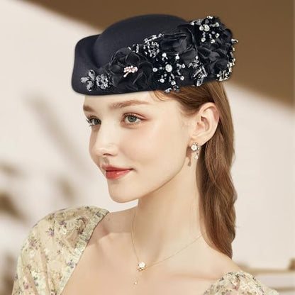 Women's Retro Stewardess Felt Hat, British Berets, Rhinestone Flower Decor, Ladies' Church Derby Hat - color: Black